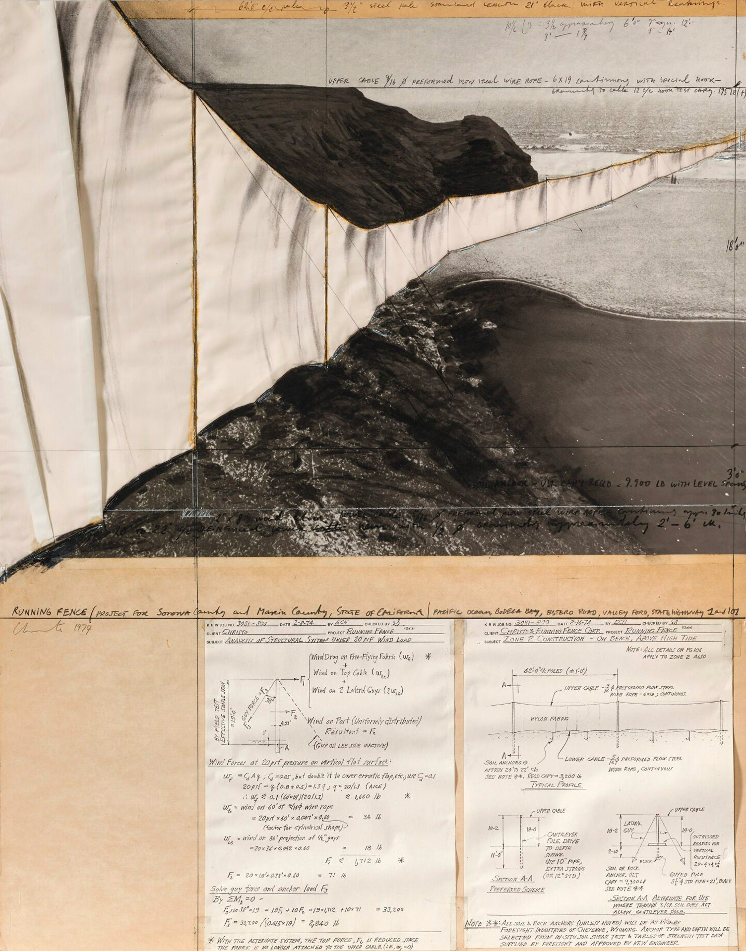 Christo. Running Fence, Project for Sorona County and Maxin County, State of California/Pacific Ocean, Bodega Bay, Estero Road, Valley Ford, State Highway 1 and 101, 1974
